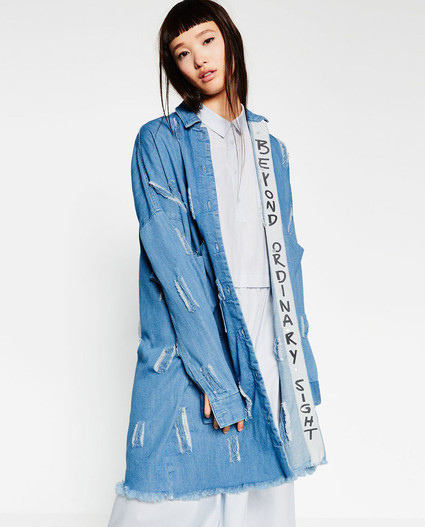 RIPPED DENIM DUSTER COAT